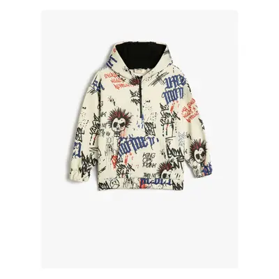 Koton Oversize Hooded Sweatshirt Half Zipper Raised Printed