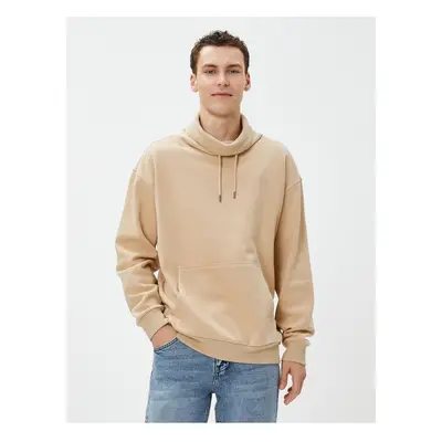 Koton Oversize Sweatshirt Shawl Collar Kangaroo Pocket Laced Raised