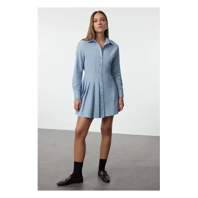 Trendyol Blue Pleated Detail Plain Mini Woven Shirt Dress