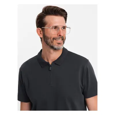 Ombre Men's melange polo shirt with striped collar - black