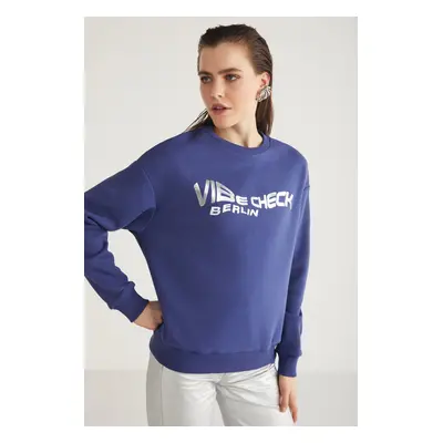 GRIMELANGE Clover Women's Crew Neck Foil Print Detailed Navy Blue Sweatshir