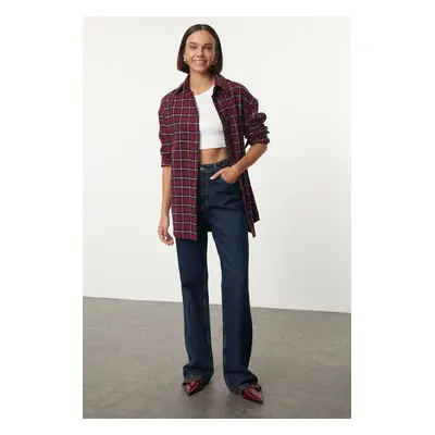 Trendyol Burgundy Plaid Patterned Oversize Wide Pattern Woven Shirt