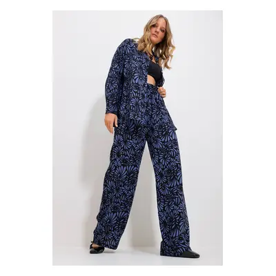 Trend Alaçatı Stili Women's Midnight Blue Patterned Shirt And Trousers Bottom Top Woven Suit