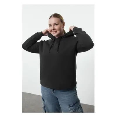 Trendyol Curve Black Regular Fit Hooded Polar Fleece Inside Knitted Plus Size Sweatshirt