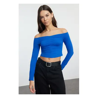 Trendyol Sax Ruffle/Drape Detailed Carmen Collar Crop/Short Fitted/Closed Knitted Blouse