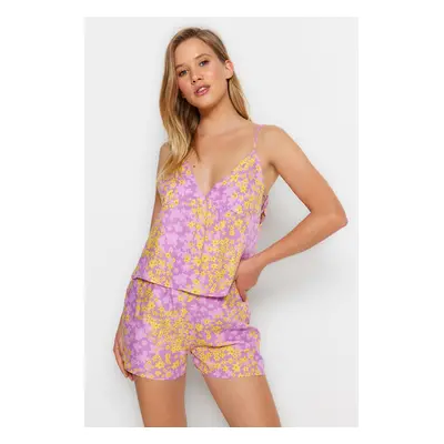 Trendyol Multicolored Floral Back Window/Cut Out Detailed Rope Strap Viscose Woven Pajama Set