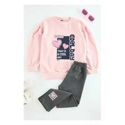 Trendyol Pink Girl Printed Crew Neck Cotton Knitted Bottom-Top Set