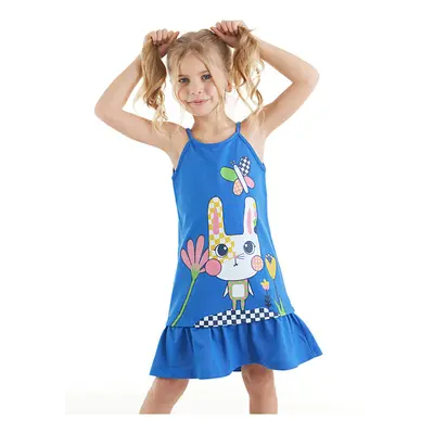 Denokids Checkered Rabbit Girl's Blue Strappy Summer Dress