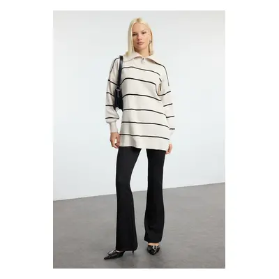 Trendyol Stone Striped Turn-Down Collar Zipper Detailed Knitwear Sweater