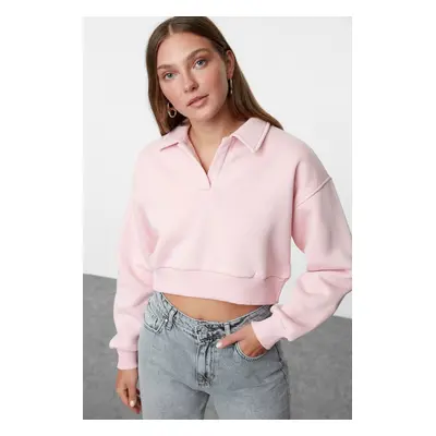 Trendyol Pink Relaxed/comfortable Pattern Polo Collar Thick Polar Fleece Knitted Sweatshirt