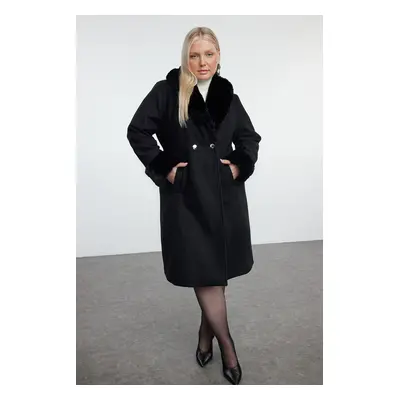 Trendyol Curve Black Regular Fit Fur Detailed Collar and Sleeve Wool Blend Cashmere Coat