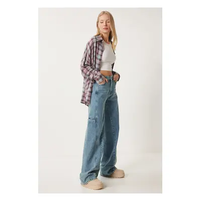 Happiness İstanbul Women's Blue Wide Leg Cargo Jeans