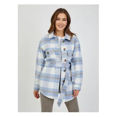 White-blue ladies plaid shirt jacket with tie ORSAY - Ladies