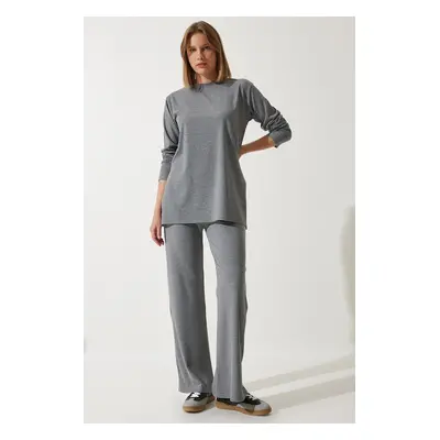 Happiness İstanbul Women's Gray Ribbed Knitted Blouse Pants Suit