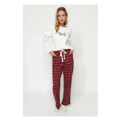 Trendyol White 100% Cotton Slogan Tshirt-Pants Knitted Pajama Set