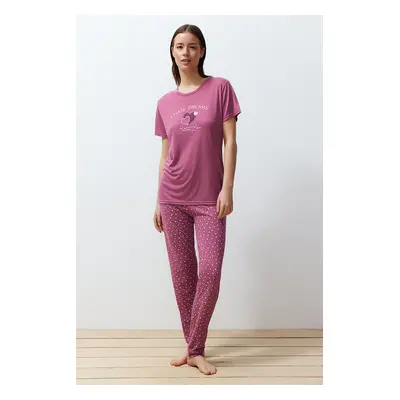 Trendyol Dusty Rose Heart Knitted Pajama Set