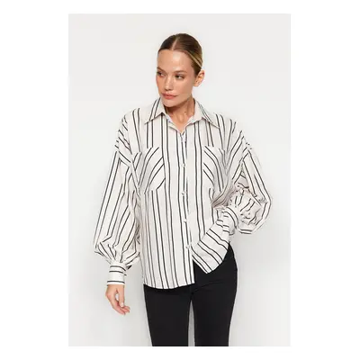 Trendyol Ecru Striped Oversize Wide Fit Satin Woven Shirt