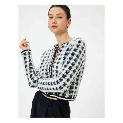 Koton Plush Houndstooth Patterned Cardigan Round Neck Buttoned