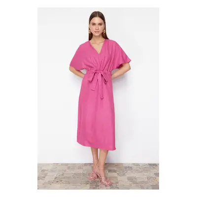 Trendyol Fuchsia Tie Detailed A-Line V-Neck Midi Woven Dress