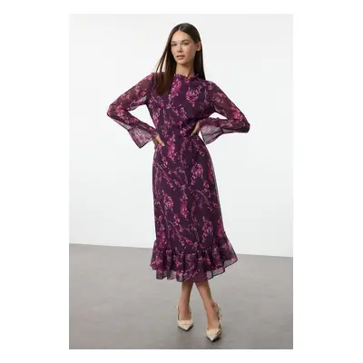 Trendyol Plum Floral Patterned A-Line Stand Collar Midi Lined Chiffon Woven Winter Dress