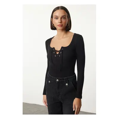 Trendyol Black Fitted/Body-Sit Pool Collar Tie Detailed Flexible Knitted Blouse