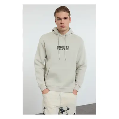 Trendyol Stone Oversize/Wide Cut Text Embroidered Hooded Fleece Inside/Warm Sweatshirt