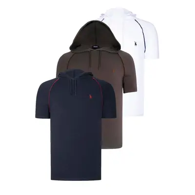 TRIPLE SET T8570 DEWBERRY HOODED MEN'S T-SHIRT-NAVY BLUE-WHITE-KHAKI