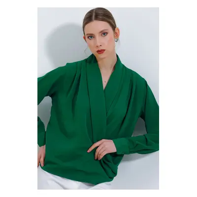 Bigdart Women's Emerald Green Double Breasted Collar Flowing Satin Blouse