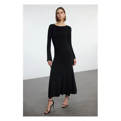 Trendyol Black Straight Boat Neck Fitted Skirt Flounce Maxi Flexible Knitted Dress