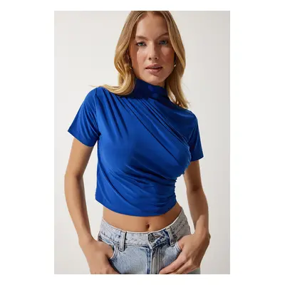 Happiness İstanbul Women's Blue Gathered High Neck Knitted Blouse