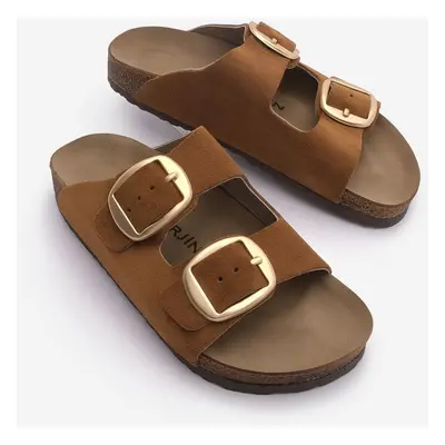 Marjin Women's Genuine Leather Daily Slippers Double-Stripes Slippers with Eva Sole Poly Tan.