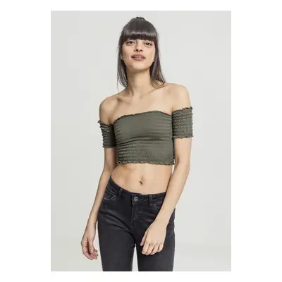 Ladies Cropped Cold Shoulder Smoke Top Olive