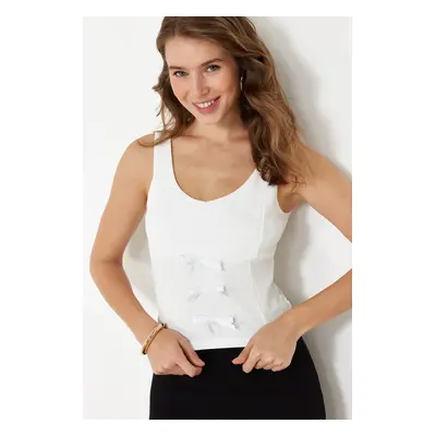 Trendyol White Ribbon Detailed Sleeveless Fitted Knitted Blouse