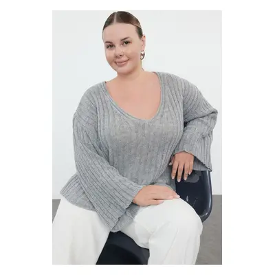 Trendyol Curve Gray V-Neck Ribbed Knitwear Sweater