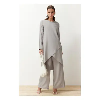 Trendyol Gray Asymmetrical Woven Tunic Trousers Bottom-Top Set