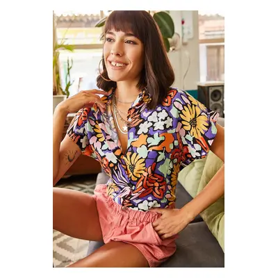 Olalook Women's Multicolor Woven Viscose Patterned Bat Shirt