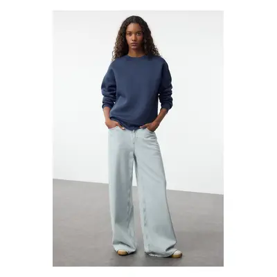 Trendyol Indigo Plain Oversize/Relaxed Cut Basic Crew Neck Thick/Polar Inside Knitted Sweatshirt