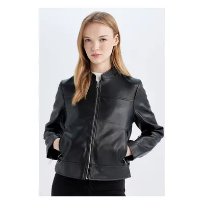 DEFACTO Regular Fit Zippered Pocket Black Faux Leather Jacket