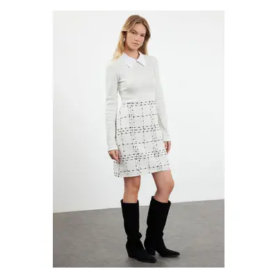 Trendyol Ecru Plaid / Checkered Knit Detailed Mini Woven Dress