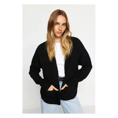 Trendyol Black Wide Fit puha texturált zsebrészlet kötöttáru Cardigan