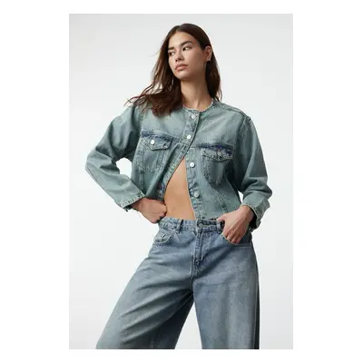 Trendyol Blue Faded Effect Vintage Collar Detail Crop Denim Jacket