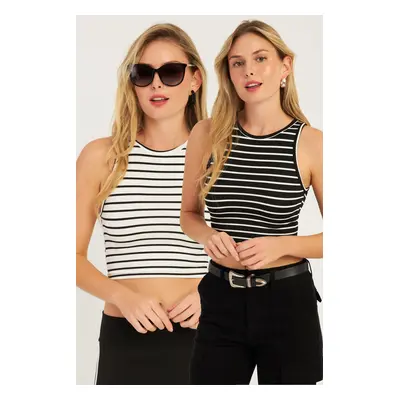 Cool & Sexy Women's Black-White Double Striped Crop Blouse CG346