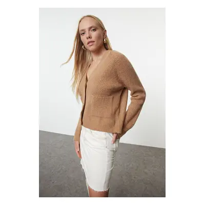 Trendyol Camel V Neck Pocket Knitwear Cardigan