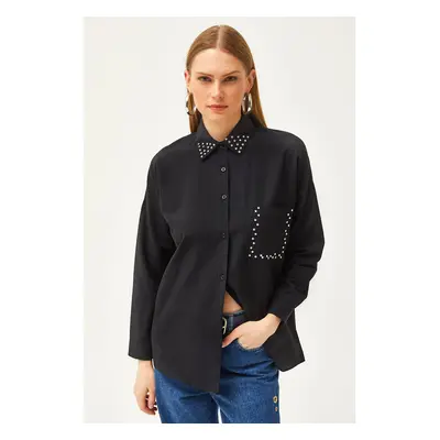 Olalook Women's Black Collar and Pocket Stone Woven Shirt