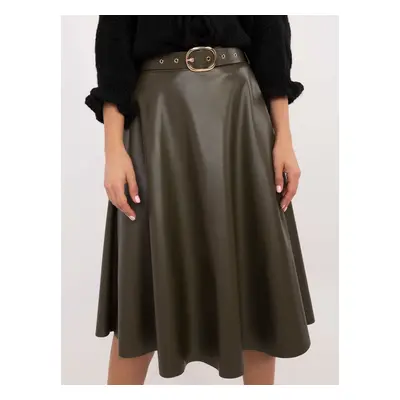 Khaki skirt made of eco-leather with an elastic waistband