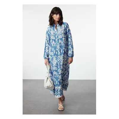 Trendyol Blue Shawl Patterned Linen Look Woven Dress