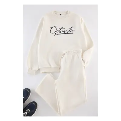 Trendyol Ecru Oversize/Wide Cut Text Printed Tracksuit Set