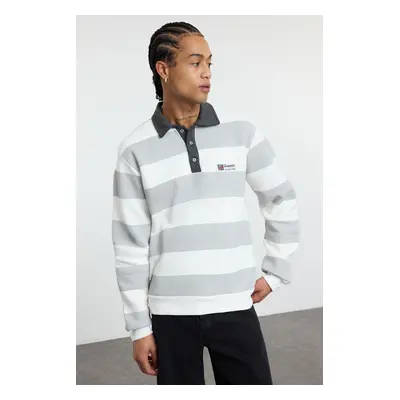 Trendyol Ecru Regular/Normal Cut Polo Collar Striped Polar Fleece Inside Cotton Sweatshirt