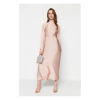 Trendyol Light Pink Belted Satin Evening Dress