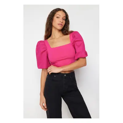 Trendyol Fuchsia Square Neck Poplin Balloon Sleeve Stretch Knitted Blouse